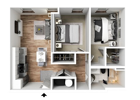 a 2 bedroom floor plan with a bathroom and a living room